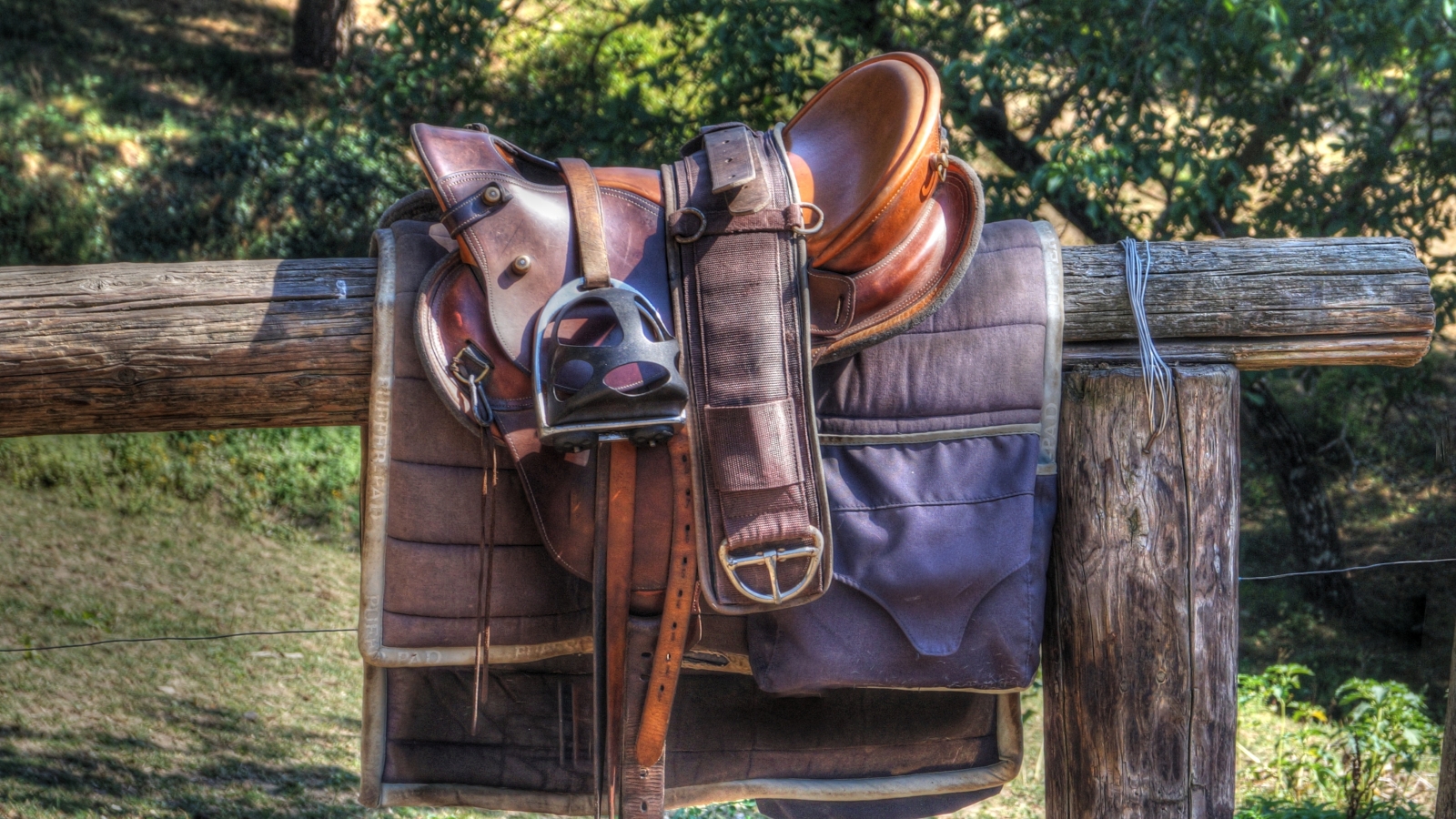 Photo d'une selle en cuir et étriers posés sur une barrière en bois