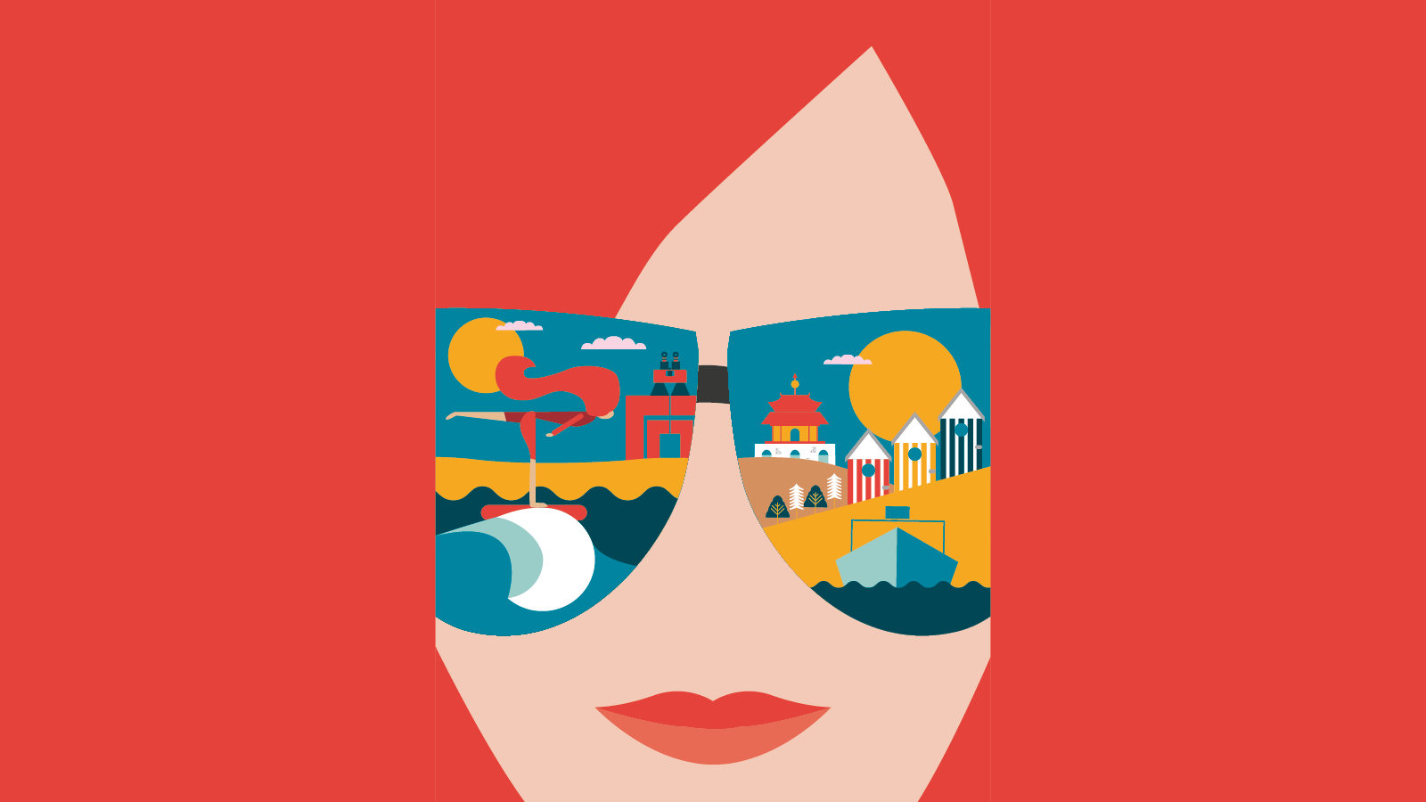 Image d'une femme avec dans ses lunettes de soleil des scénettes représentant les hauts monuments du Val d'Oise