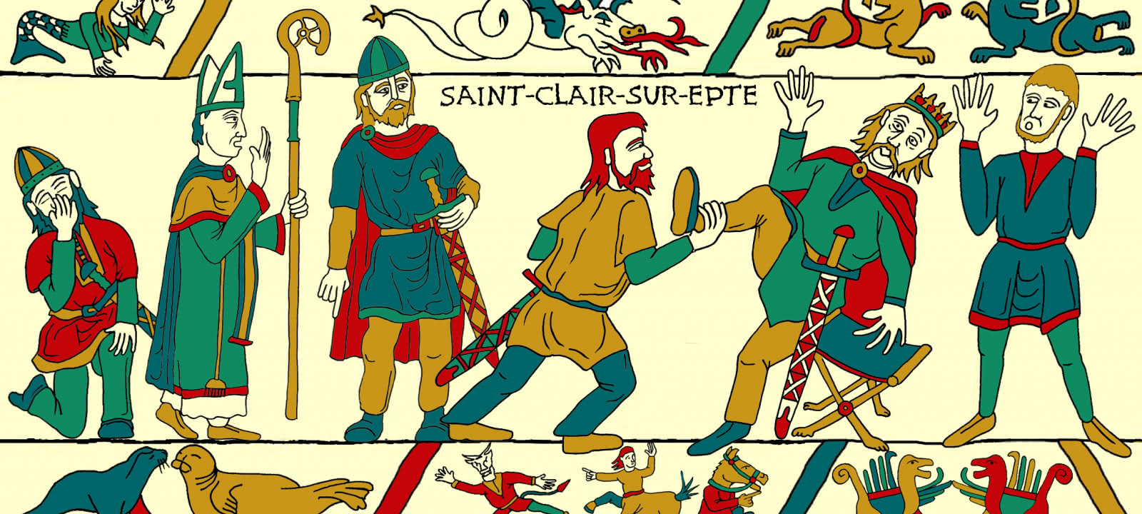 Dessin à la manière de la Tapisserie de Bayeux représentant le traité de Saint Clair sur Epte entre Rollon et le roi de France Charles III le Simple