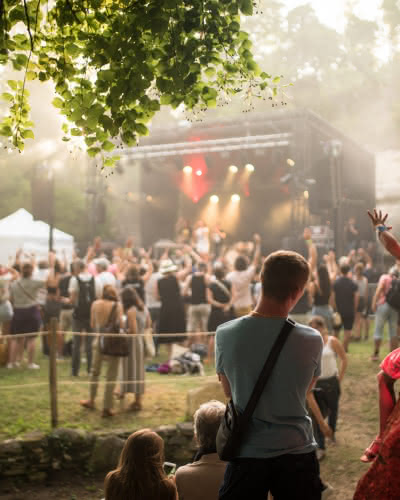 Photo d'une famille de dos regardant la scène d'un concert lors d'un festival